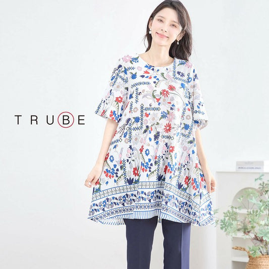 【M〜L対応】タイル風プリントチュニック|ボタニカル柄・Aライン・5分袖(N13-254)