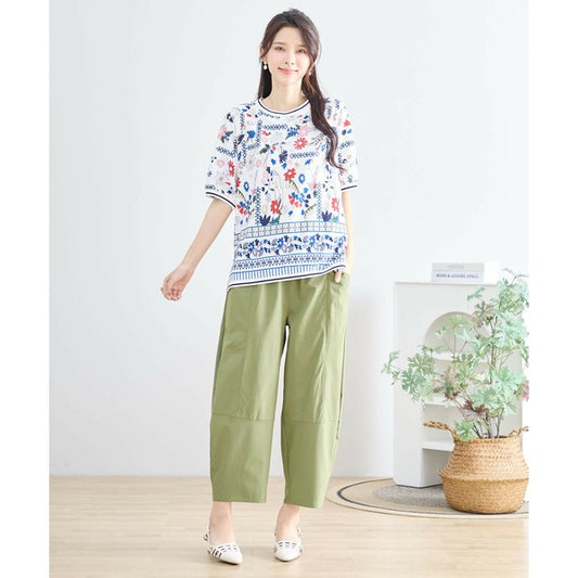 【M〜L】ボタニカルタイル柄 リブライン入り半袖トップス|華やか上品な1枚(N13-255)