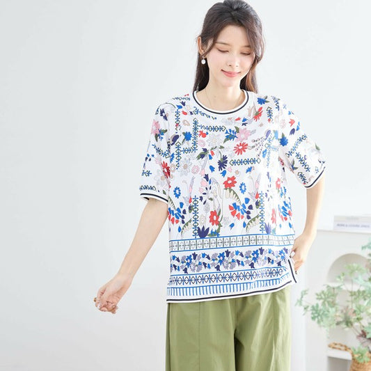 【M〜L】ボタニカルタイル柄 リブライン入り半袖トップス|華やか上品な1枚(N13-255)