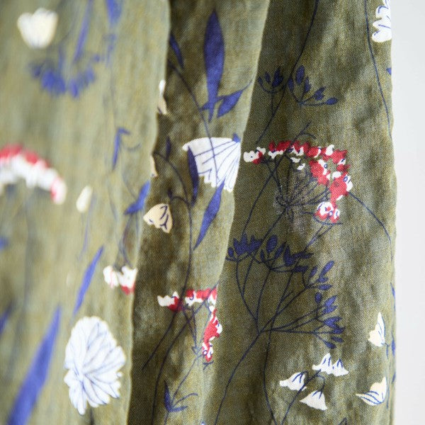 カーキ生地のプリント拡大 N13-234 花柄と立体感のある刺繍調モチーフのディテール