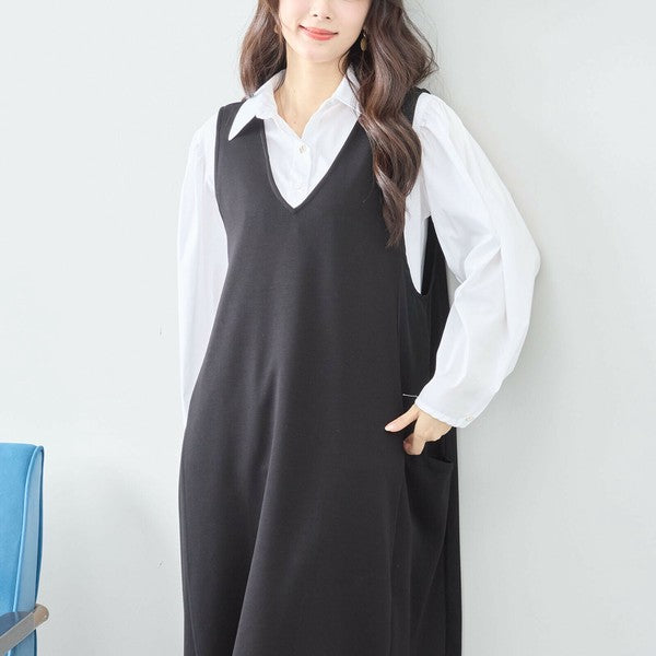 ジャンスカ風ワンピース モデル斜め前向きポーズ シンプルかつ大人フェミニンな印象