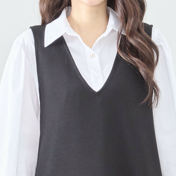 Vネックとシャツ襟風インナーのクローズアップ セットアップ風仕様を表現したディテール画像