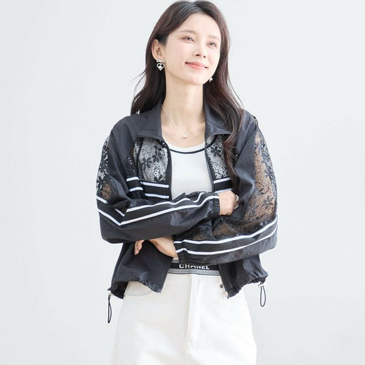 【M〜L】ポリエステル・フラワーレース切替ブルゾン|軽羽織・晩夏 秋口アウター・TRUBE N22-159A