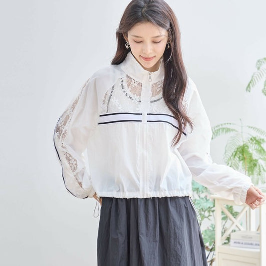 【M〜L】ポリエステル・フラワーレース切替ブルゾン|軽羽織・晩夏 秋口アウター・TRUBE N22-159A