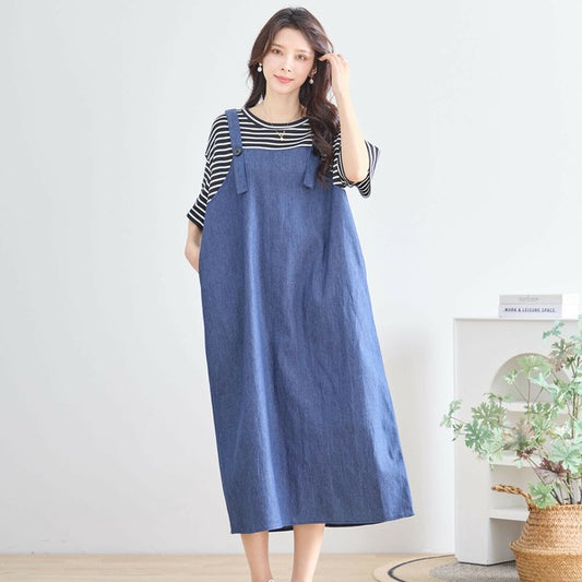 【M〜L】ボーダーTドッキングデニムジャンスカ風ワンピース|カジュアル・楽ちん重ね着風|N83-172