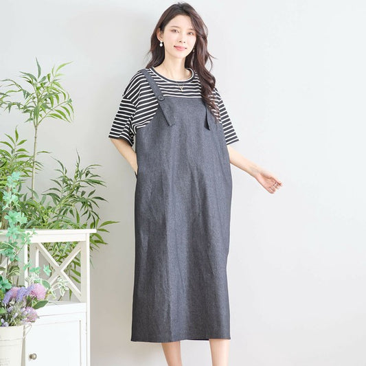 【M〜L】ボーダーTドッキングデニムジャンスカ風ワンピース|カジュアル・楽ちん重ね着風|N83-172