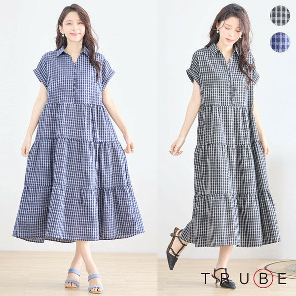 【L〜LL対応】襟付きチェック柄ティアードワンピース|体型カバー×涼感×大人ナチュラル