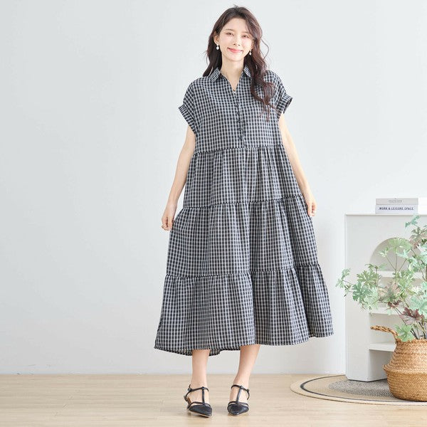 【L〜LL対応】襟付きチェック柄ティアードワンピース|体型カバー×涼感×大人ナチュラル