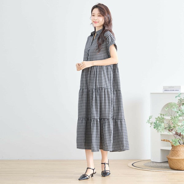 【L〜LL対応】襟付きチェック柄ティアードワンピース|体型カバー×涼感×大人ナチュラル