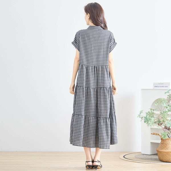 【L〜LL対応】襟付きチェック柄ティアードワンピース|体型カバー×涼感×大人ナチュラル