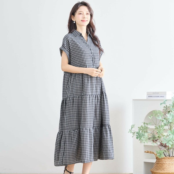 【L〜LL対応】襟付きチェック柄ティアードワンピース|体型カバー×涼感×大人ナチュラル