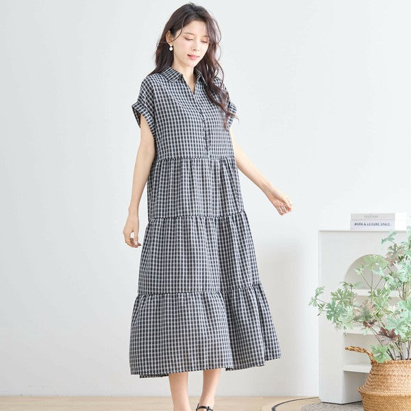 【L〜LL対応】襟付きチェック柄ティアードワンピース|体型カバー×涼感×大人ナチュラル