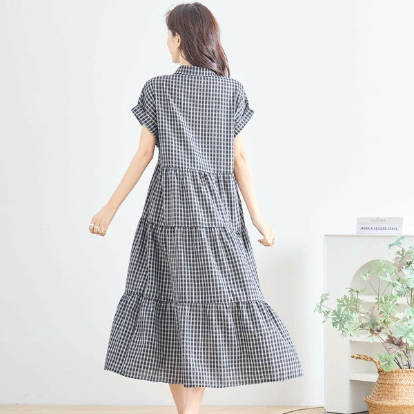 【L〜LL対応】襟付きチェック柄ティアードワンピース|体型カバー×涼感×大人ナチュラル