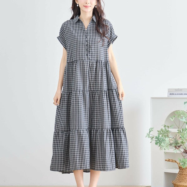 【L〜LL対応】襟付きチェック柄ティアードワンピース|体型カバー×涼感×大人ナチュラル