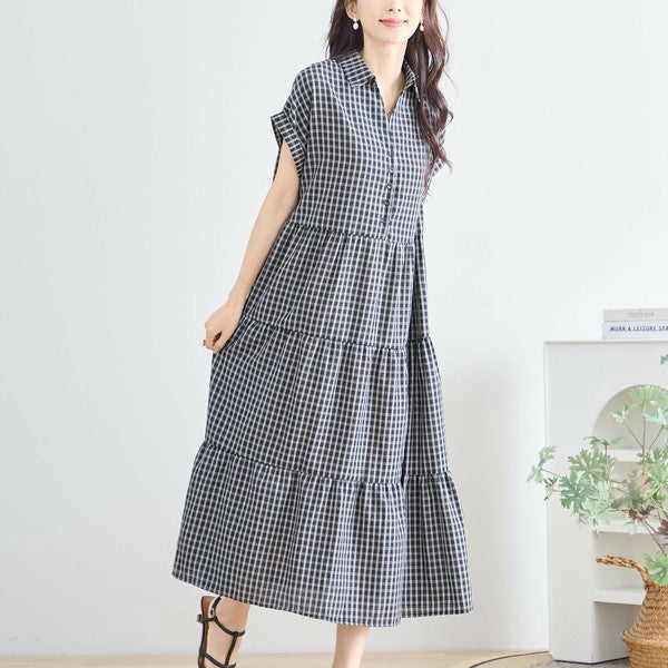 【L〜LL対応】襟付きチェック柄ティアードワンピース|体型カバー×涼感×大人ナチュラル