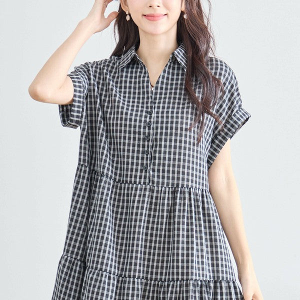 【L〜LL対応】襟付きチェック柄ティアードワンピース|体型カバー×涼感×大人ナチュラル