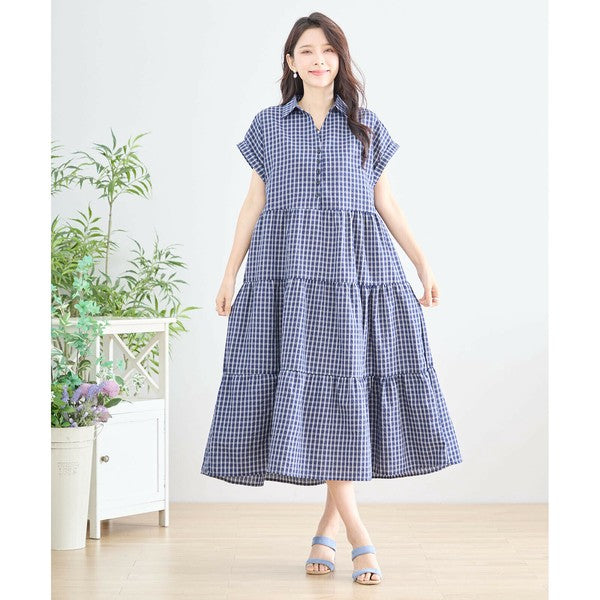 【L〜LL対応】襟付きチェック柄ティアードワンピース|体型カバー×涼感×大人ナチュラル