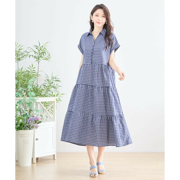 【L〜LL対応】襟付きチェック柄ティアードワンピース|体型カバー×涼感×大人ナチュラル