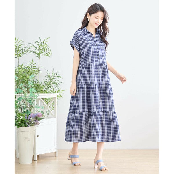 【L〜LL対応】襟付きチェック柄ティアードワンピース|体型カバー×涼感×大人ナチュラル