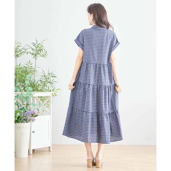 【L〜LL対応】襟付きチェック柄ティアードワンピース|体型カバー×涼感×大人ナチュラル