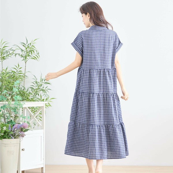 【L〜LL対応】襟付きチェック柄ティアードワンピース|体型カバー×涼感×大人ナチュラル