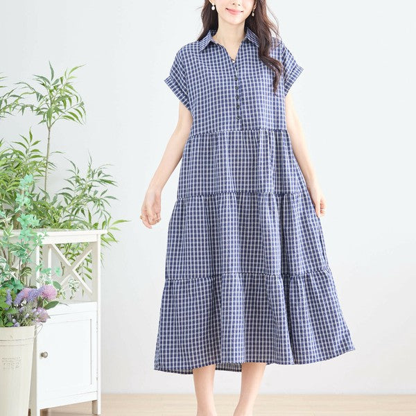 【L〜LL対応】襟付きチェック柄ティアードワンピース|体型カバー×涼感×大人ナチュラル