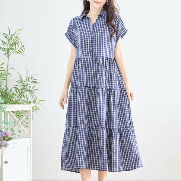 【L〜LL対応】襟付きチェック柄ティアードワンピース|体型カバー×涼感×大人ナチュラル