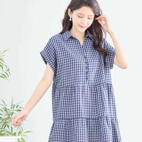 【L〜LL対応】襟付きチェック柄ティアードワンピース|体型カバー×涼感×大人ナチュラル