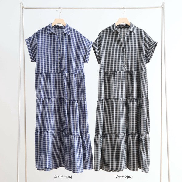 【L〜LL対応】襟付きチェック柄ティアードワンピース|体型カバー×涼感×大人ナチュラル