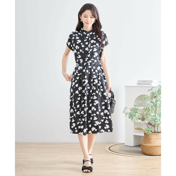 【M〜L】花柄フレンチスリーブワンピース 上品ウエストリボン付き 軽やか美シルエット N82-380