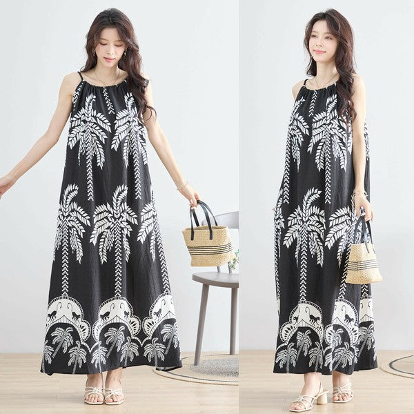 【M〜L対応】ヤシ柄リゾートプリントマキシワンピース|涼感×体型カバー×夏のお出かけ