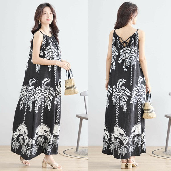 【M〜L対応】ヤシ柄リゾートプリントマキシワンピース|涼感×体型カバー×夏のお出かけ