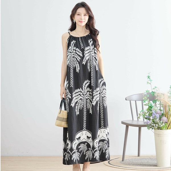 【M〜L対応】ヤシ柄リゾートプリントマキシワンピース|涼感×体型カバー×夏のお出かけ