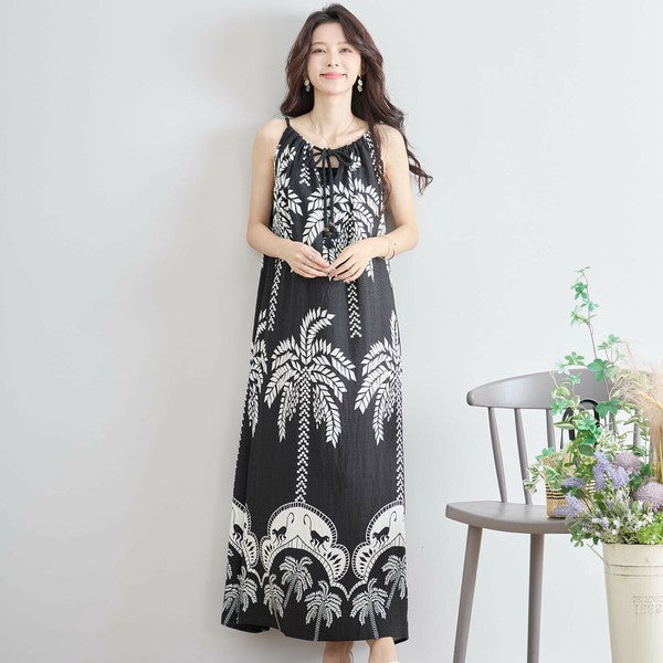 【M〜L対応】ヤシ柄リゾートプリントマキシワンピース|涼感×体型カバー×夏のお出かけ