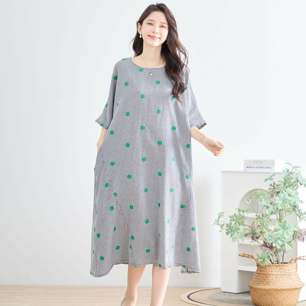 【M〜L】カラードット刺繍 ギンガムチェック ロングワンピース 綿100% コクーン N83-175