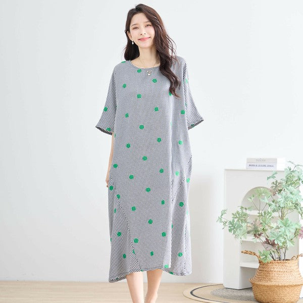 【M〜L】カラードット刺繍 ギンガムチェック ロングワンピース 綿100% コクーン N83-175