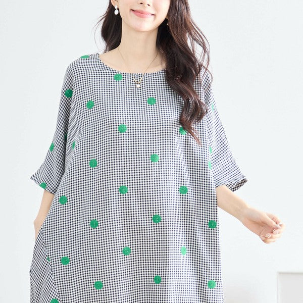 【M〜L】カラードット刺繍 ギンガムチェック ロングワンピース 綿100% コクーン N83-175