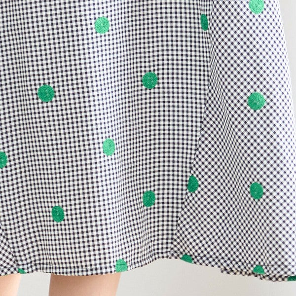【M〜L】カラードット刺繍 ギンガムチェック ロングワンピース 綿100% コクーン N83-175