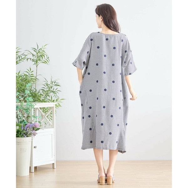 【M〜L】カラードット刺繍 ギンガムチェック ロングワンピース 綿100% コクーン N83-175