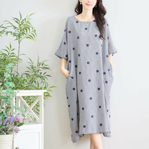 【M〜L】カラードット刺繍 ギンガムチェック ロングワンピース 綿100% コクーン N83-175