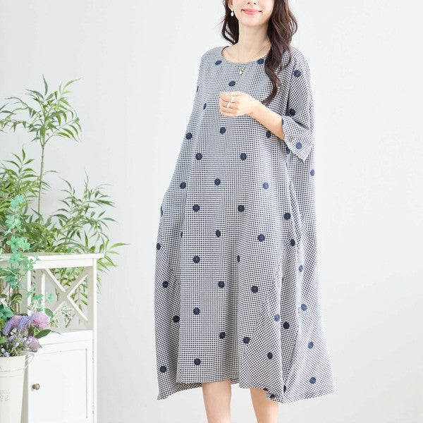 【M〜L】カラードット刺繍 ギンガムチェック ロングワンピース 綿100% コクーン N83-175