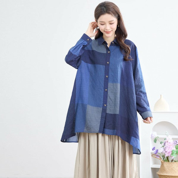 【L〜LL】ブロックチェック柄コットンロングシャツ|羽織り・ワンピ風にも◎ N73-021 TRUBE
