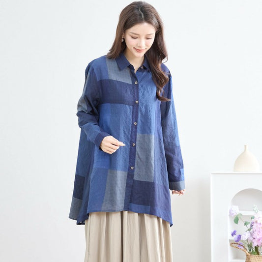 【L〜LL】ブロックチェック柄コットンロングシャツ|羽織り・ワンピ風にも◎ N73-021 TRUBE