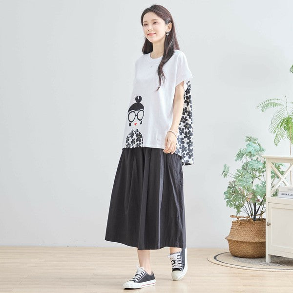【M〜L】メガネガールTシャツ|切替デザイン×花柄プリント ゆったり快適 N12-765A