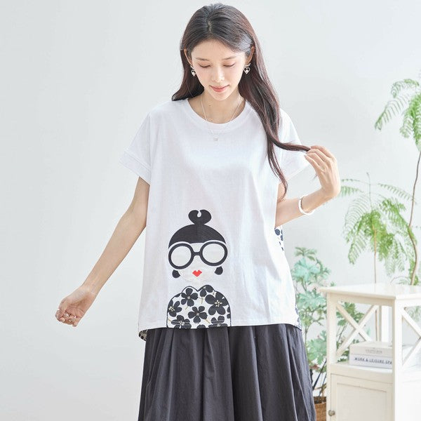 【M〜L】メガネガールTシャツ|切替デザイン×花柄プリント ゆったり快適 N12-765A
