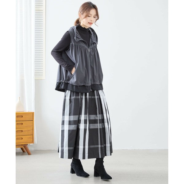 【L〜LL】ギャザーデザイン切替ベスト|異素材・フード付き・軽量ジレ・TRUBE(C03-178)