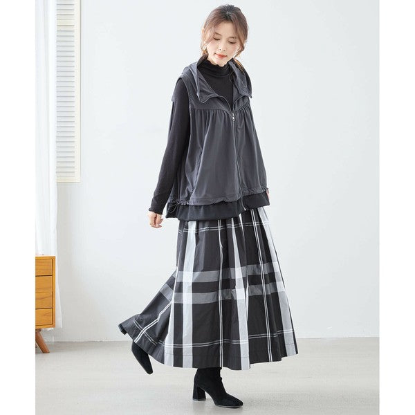 【L〜LL】ギャザーデザイン切替ベスト|異素材・フード付き・軽量ジレ・TRUBE(C03-178)