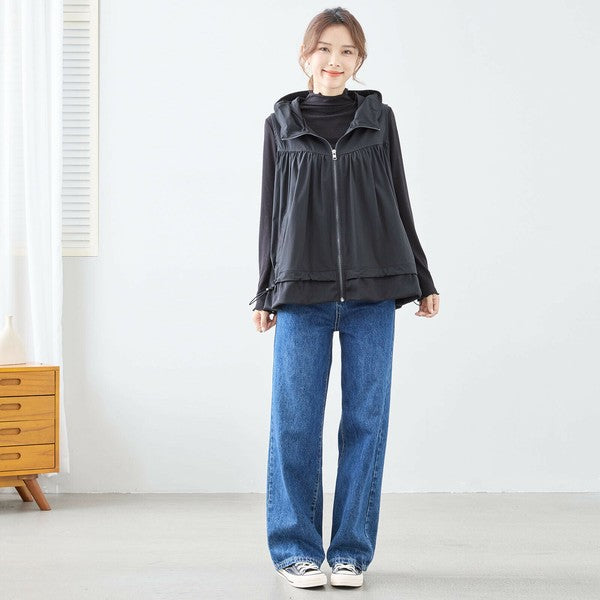 【L〜LL】ギャザーデザイン切替ベスト|異素材・フード付き・軽量ジレ・TRUBE(C03-178)