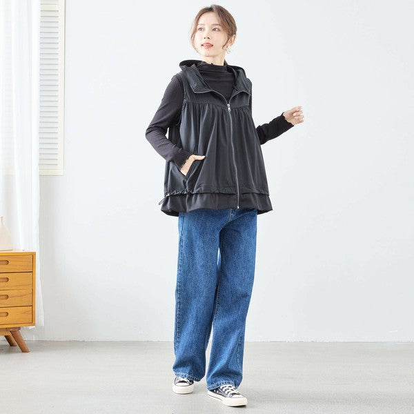 【L〜LL】ギャザーデザイン切替ベスト|異素材・フード付き・軽量ジレ・TRUBE(C03-178)