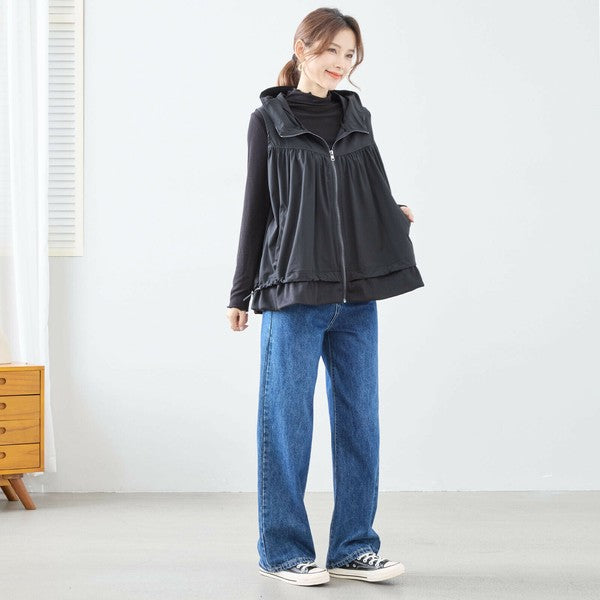 【L〜LL】ギャザーデザイン切替ベスト|異素材・フード付き・軽量ジレ・TRUBE(C03-178)